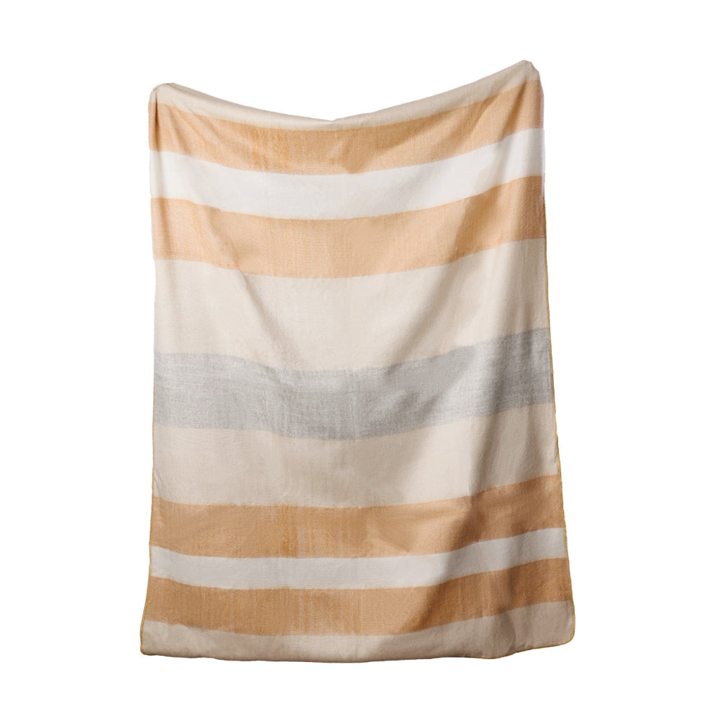 A striped throw blanket in shades of apricot, beige, and gray, displayed neatly folded.