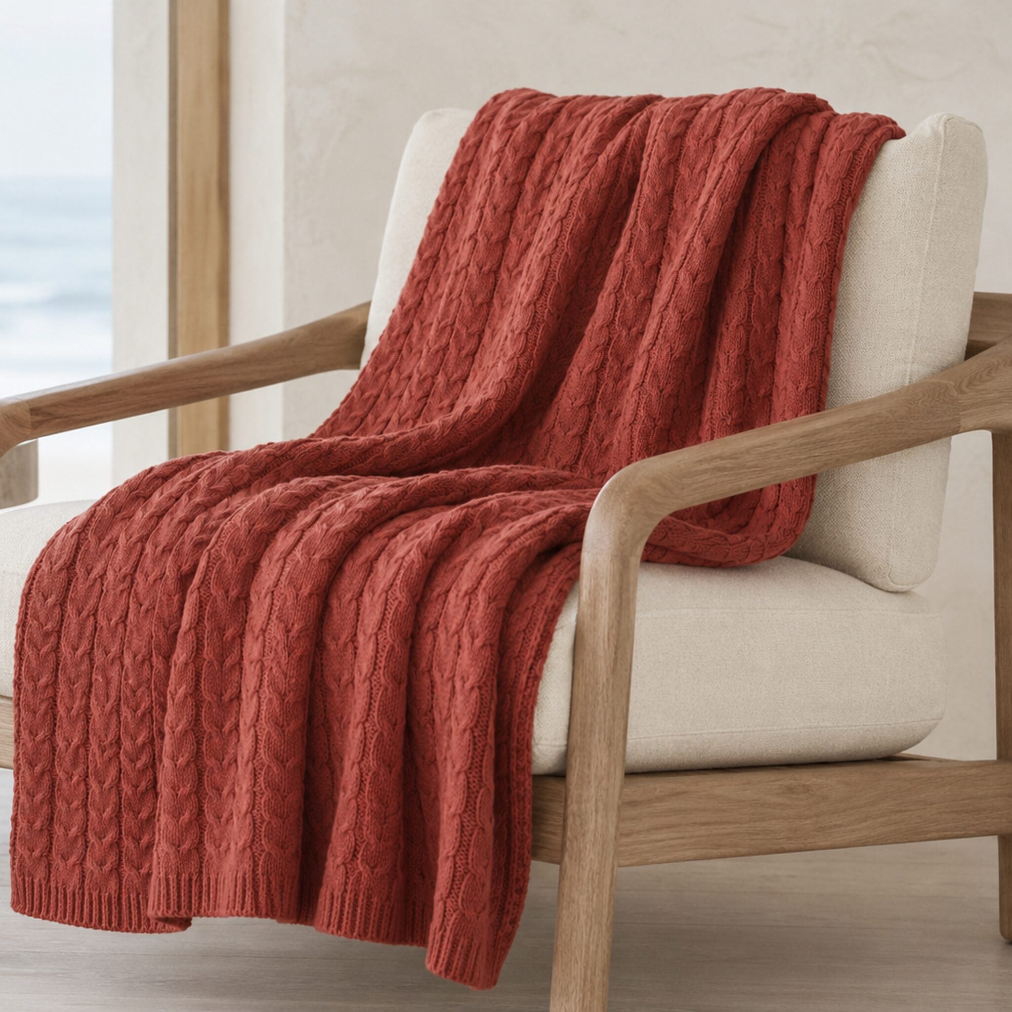 Handloomed Cable Knit Baby Alpaca & Cotton Burnt Sienna Throw Blanket - Awana Collection