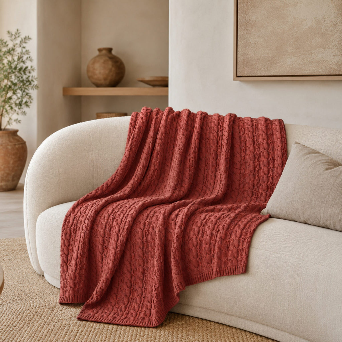 Burnt Sienna baby alpaca & Pima cotton cable throw blanket, made in Peru