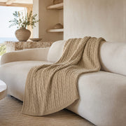 Handloomed Cable Knit Baby Alpaca & Cotton Café au Lait Throw Blanket - Awana Collection