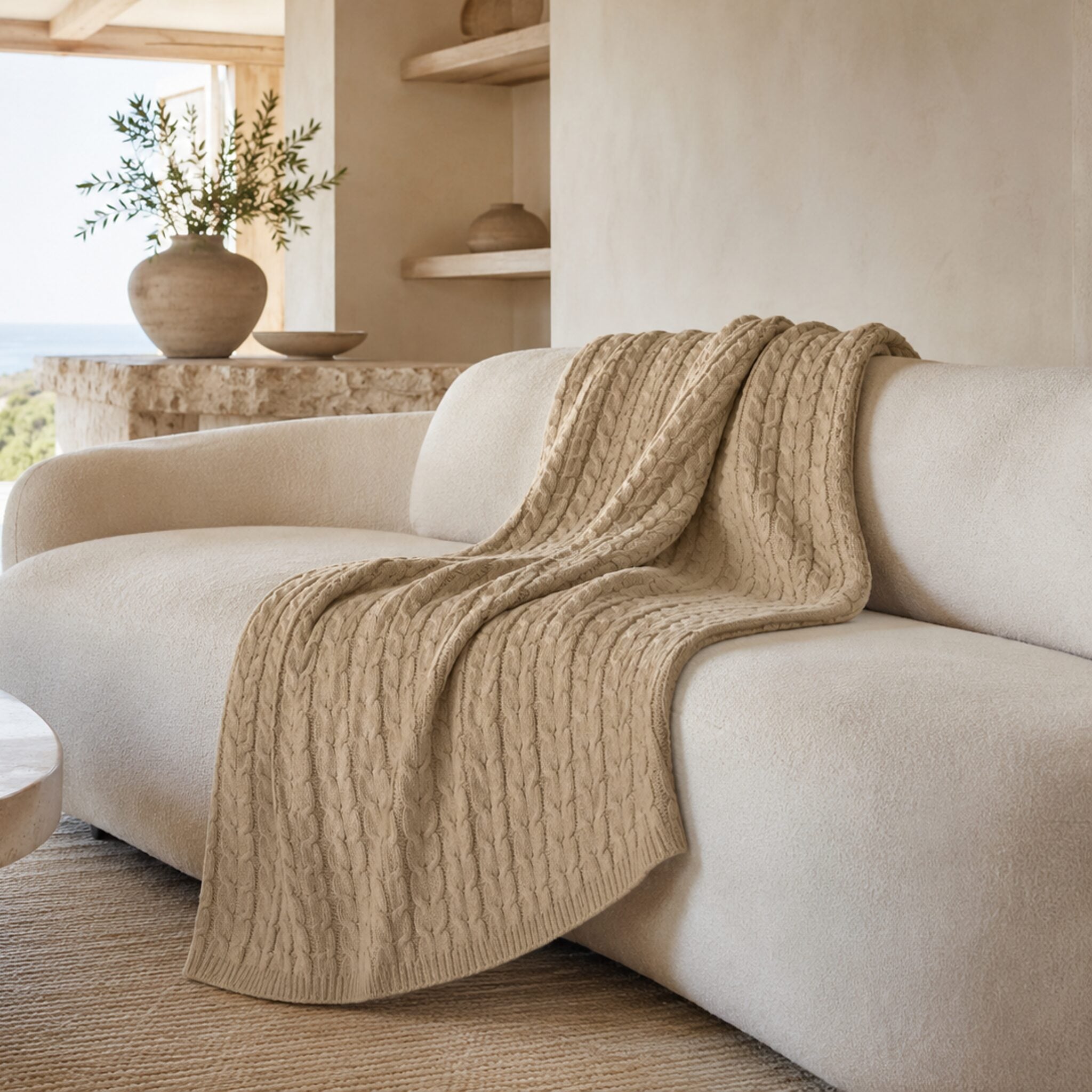 Handloomed Cable Knit Baby Alpaca & Cotton Café au Lait Throw Blanket - Awana Collection