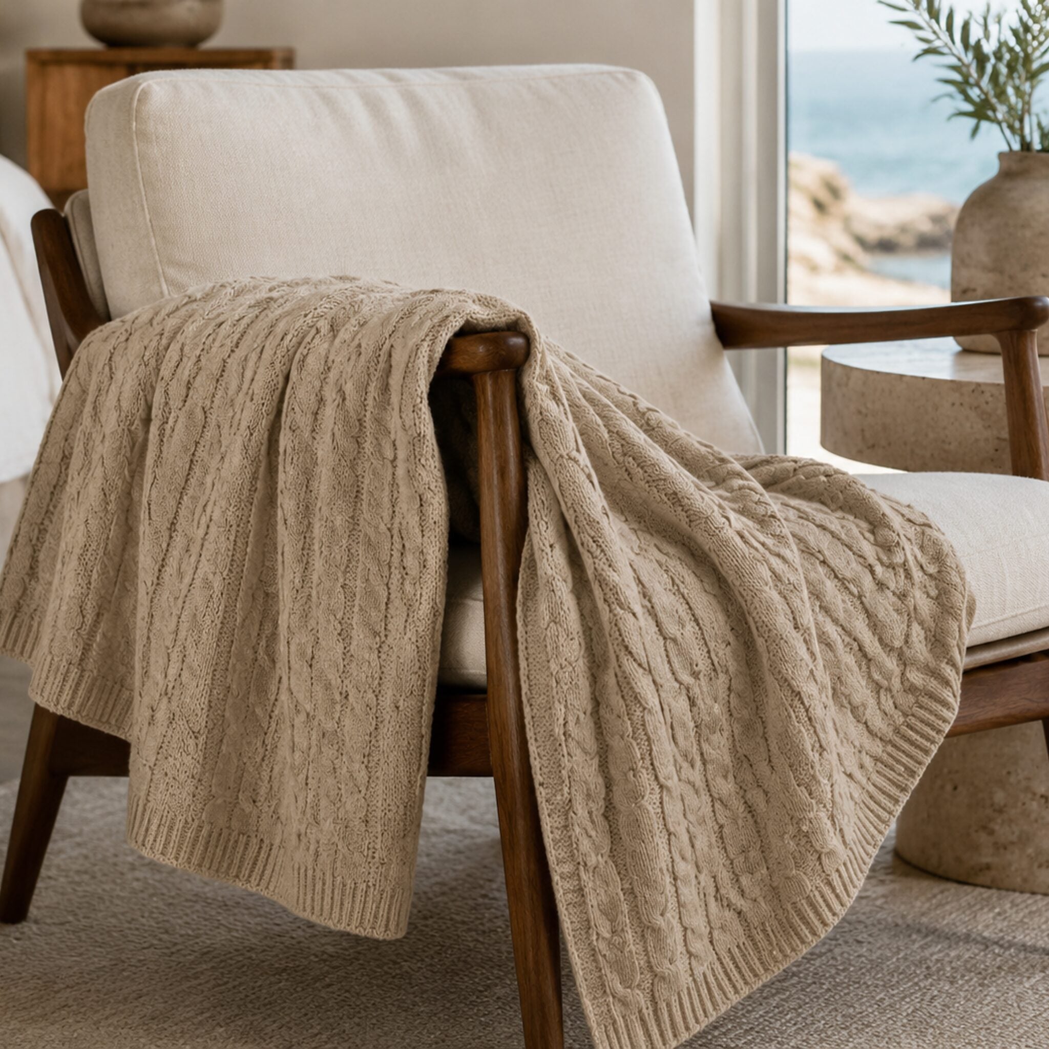 Handloomed Cable Knit Baby Alpaca & Cotton Café au Lait Throw Blanket - Awana Collection