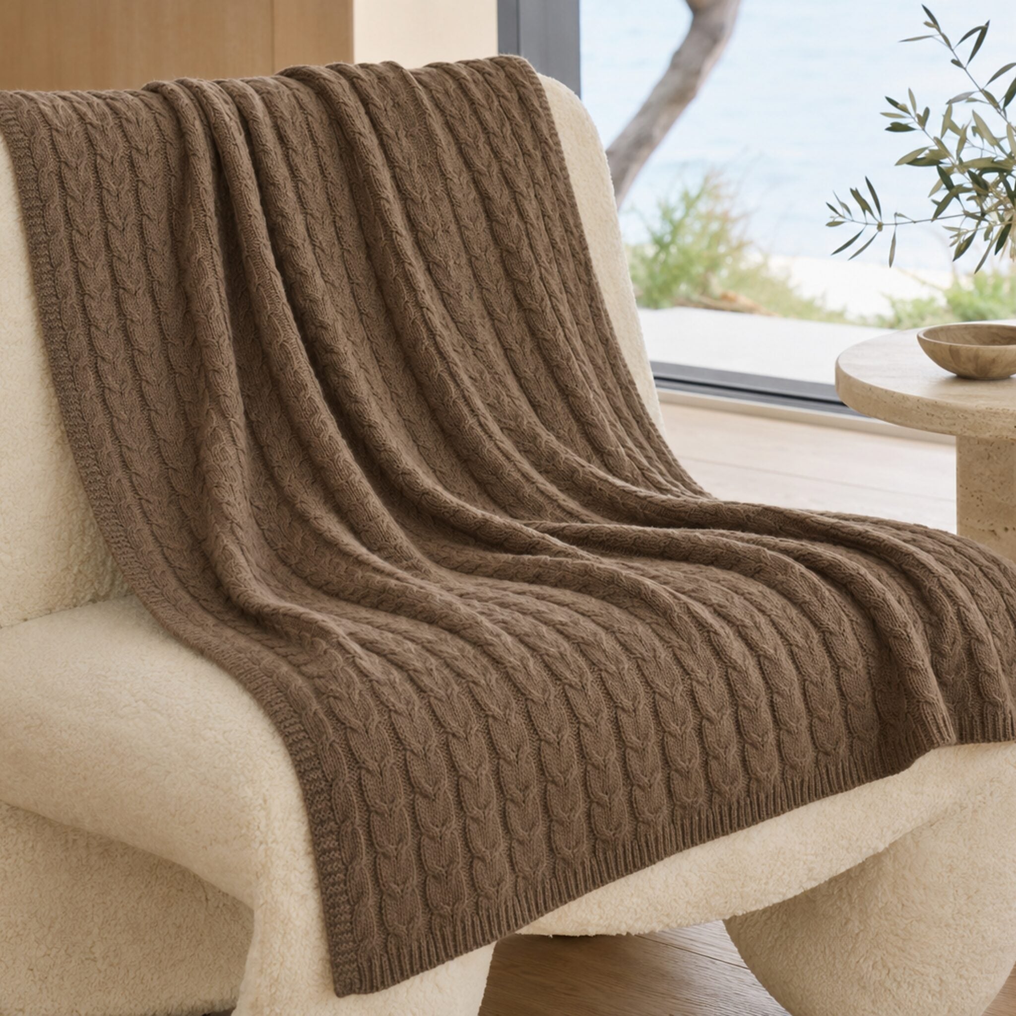 Handloomed Cable Knit Baby Alpaca & Cotton Coffee Throw Blanket - Awana Collection