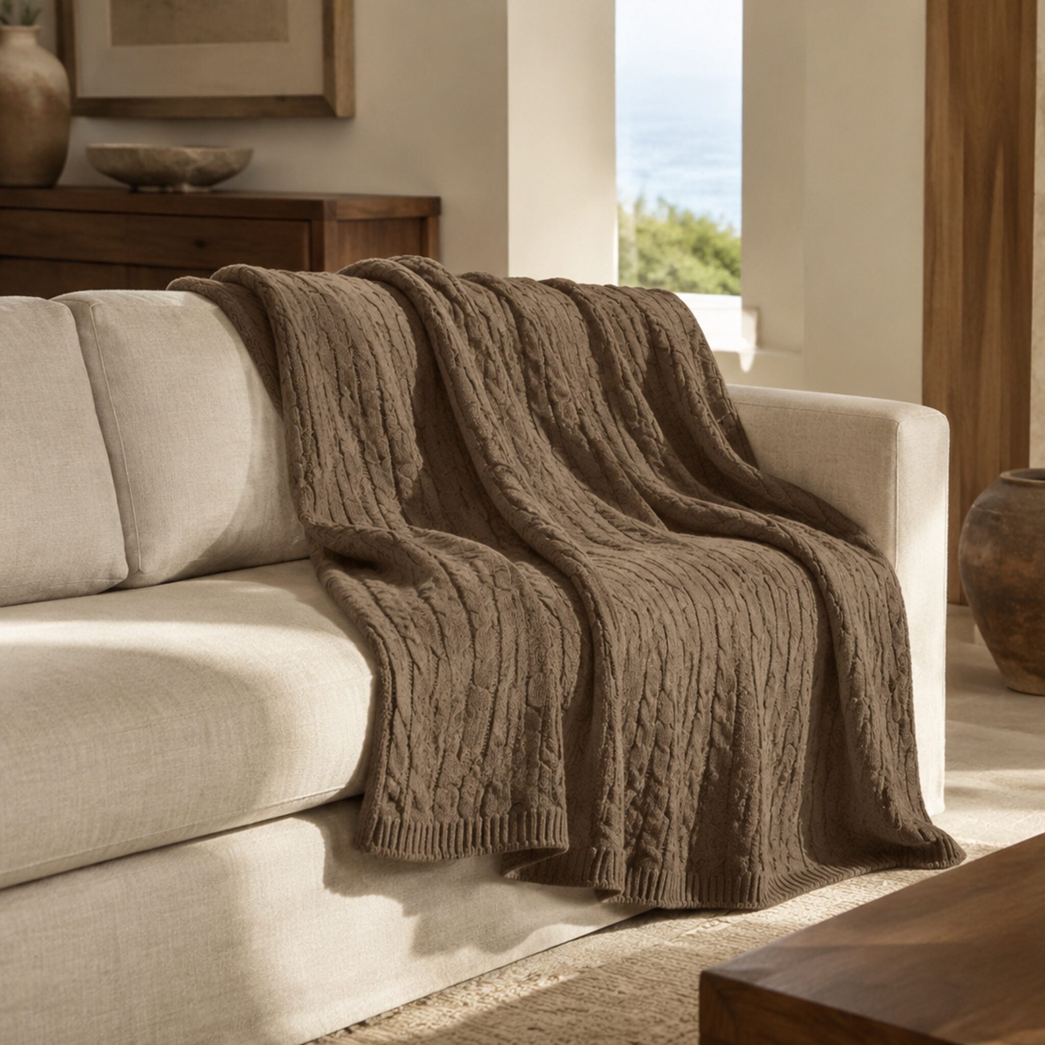 Handloomed Cable Knit Baby Alpaca & Cotton Coffee Throw Blanket - Awana Collection
