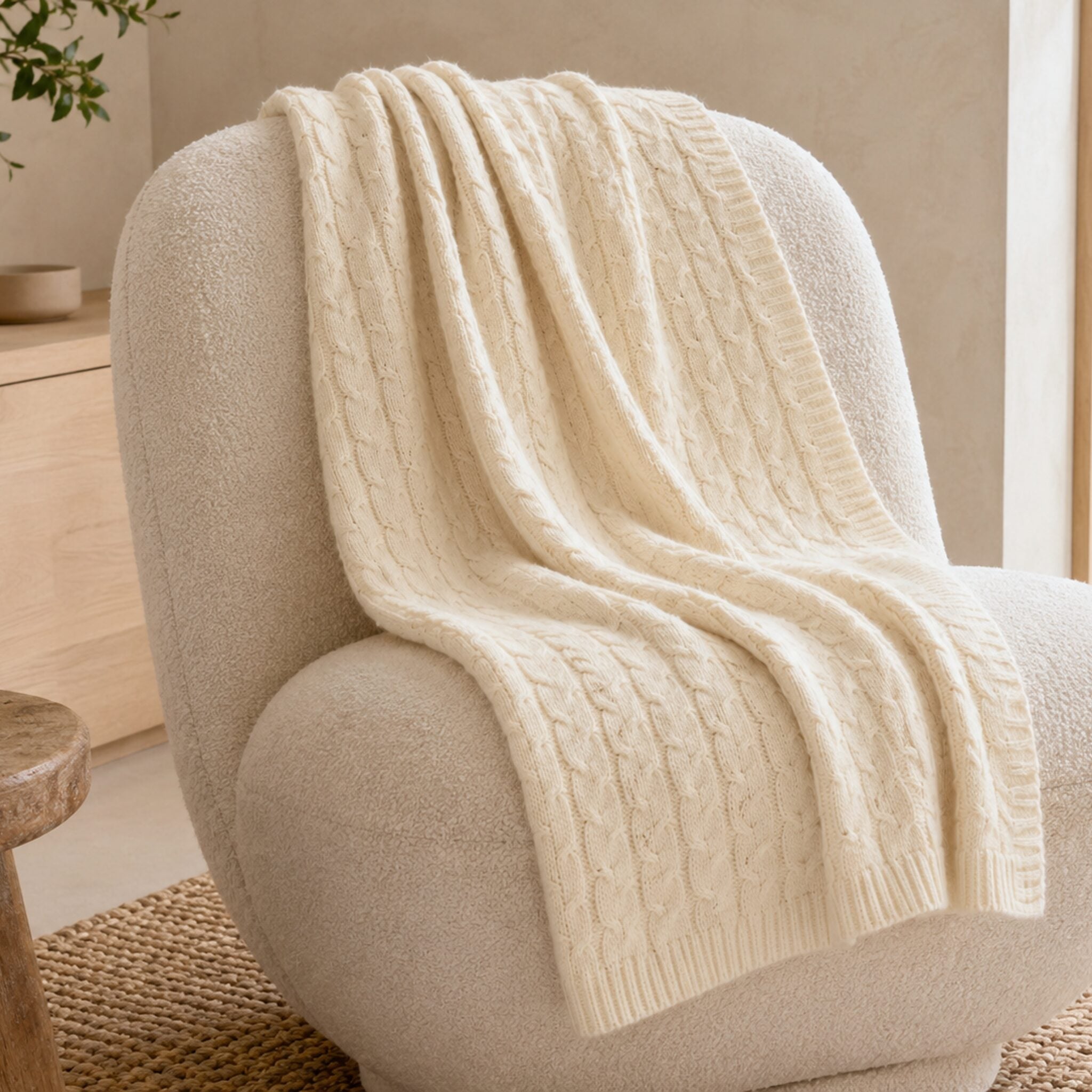 Handloomed Cable Knit Baby Alpaca & Cotton Cream Throw Blanket - Awana Collection