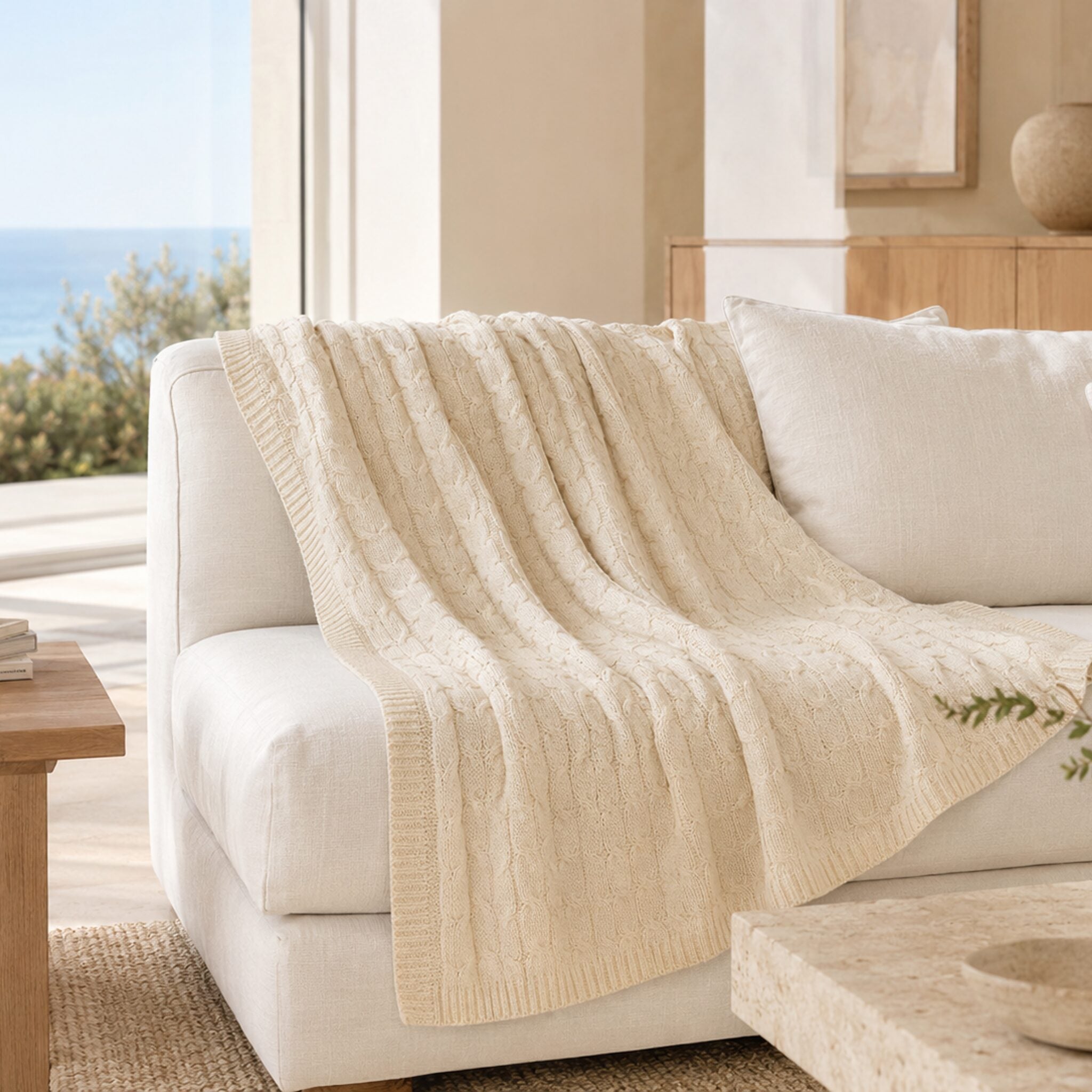 Handloomed Cable Knit Baby Alpaca & Cotton Cream Throw Blanket - Awana Collection