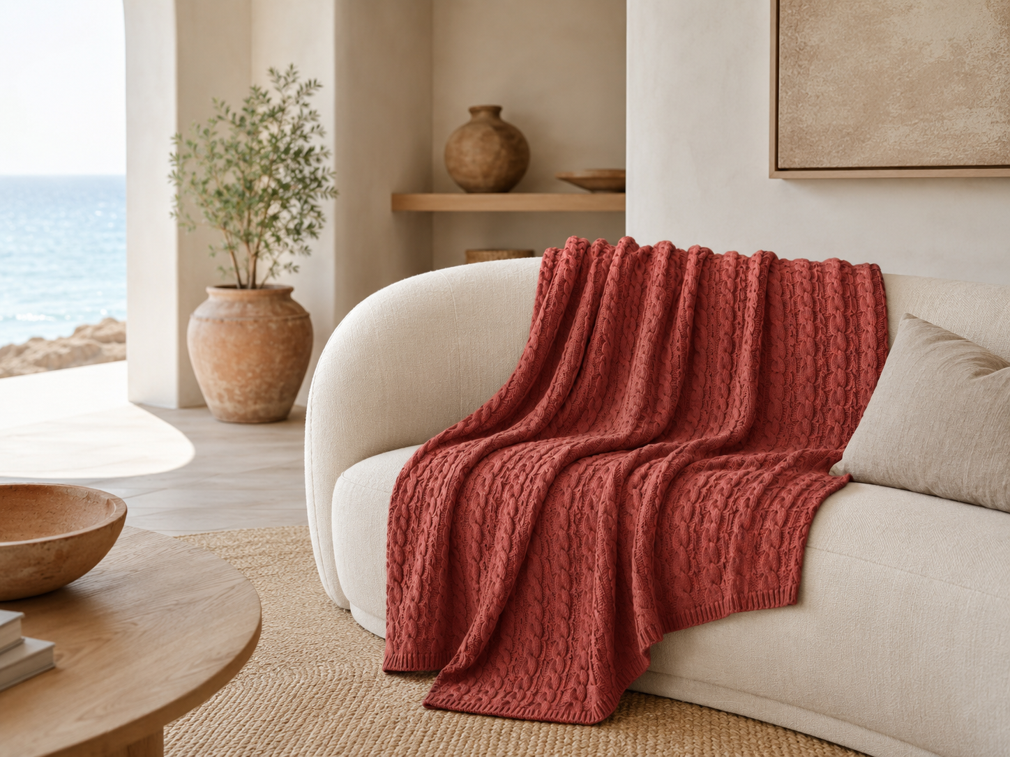 Handloomed Cable Knit Baby Alpaca & Cotton Burnt Sienna Throw Blanket - Awana Collection
