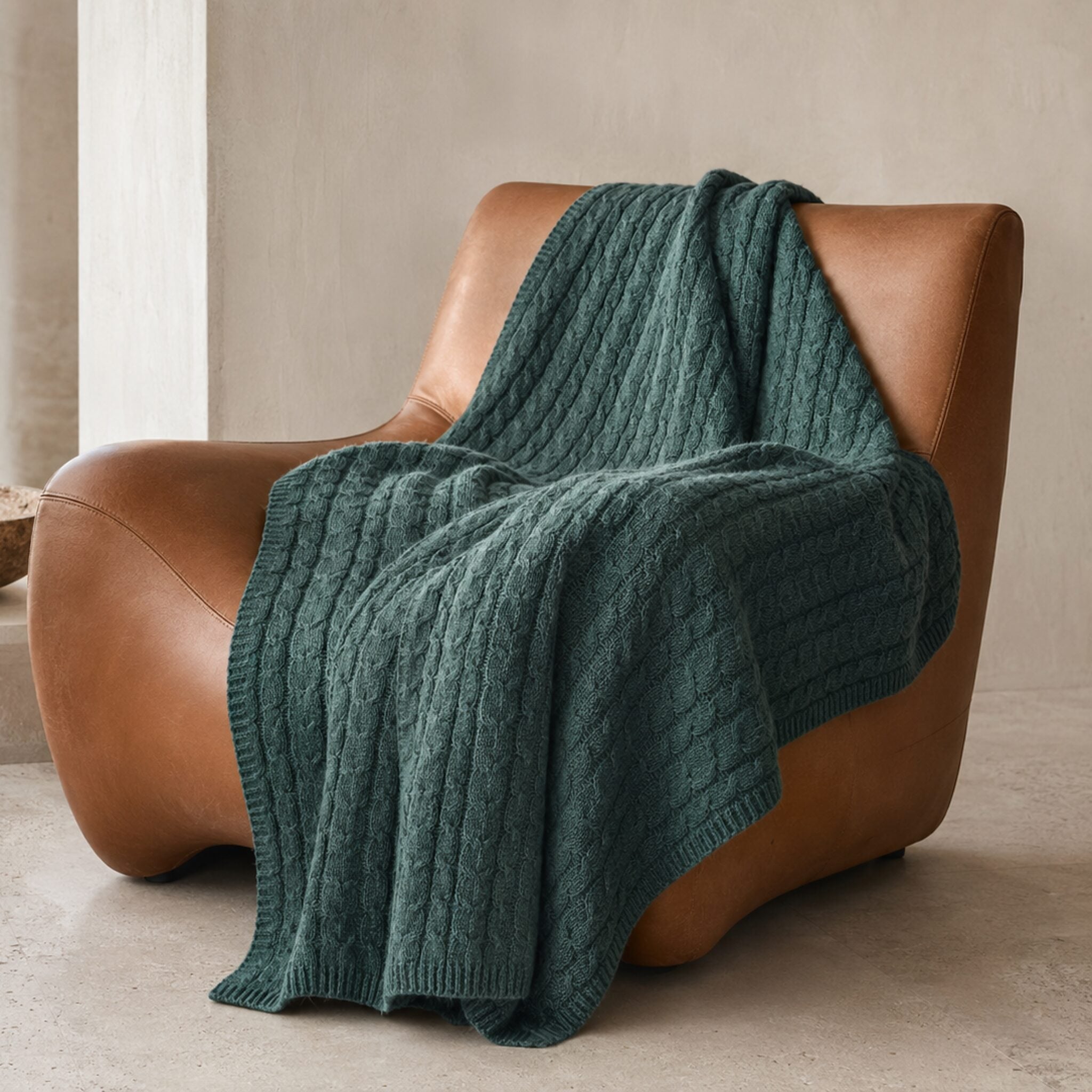 Handloomed Cable Knit Baby Alpaca & Cotton Malachite Throw Blanket - Awana Collection