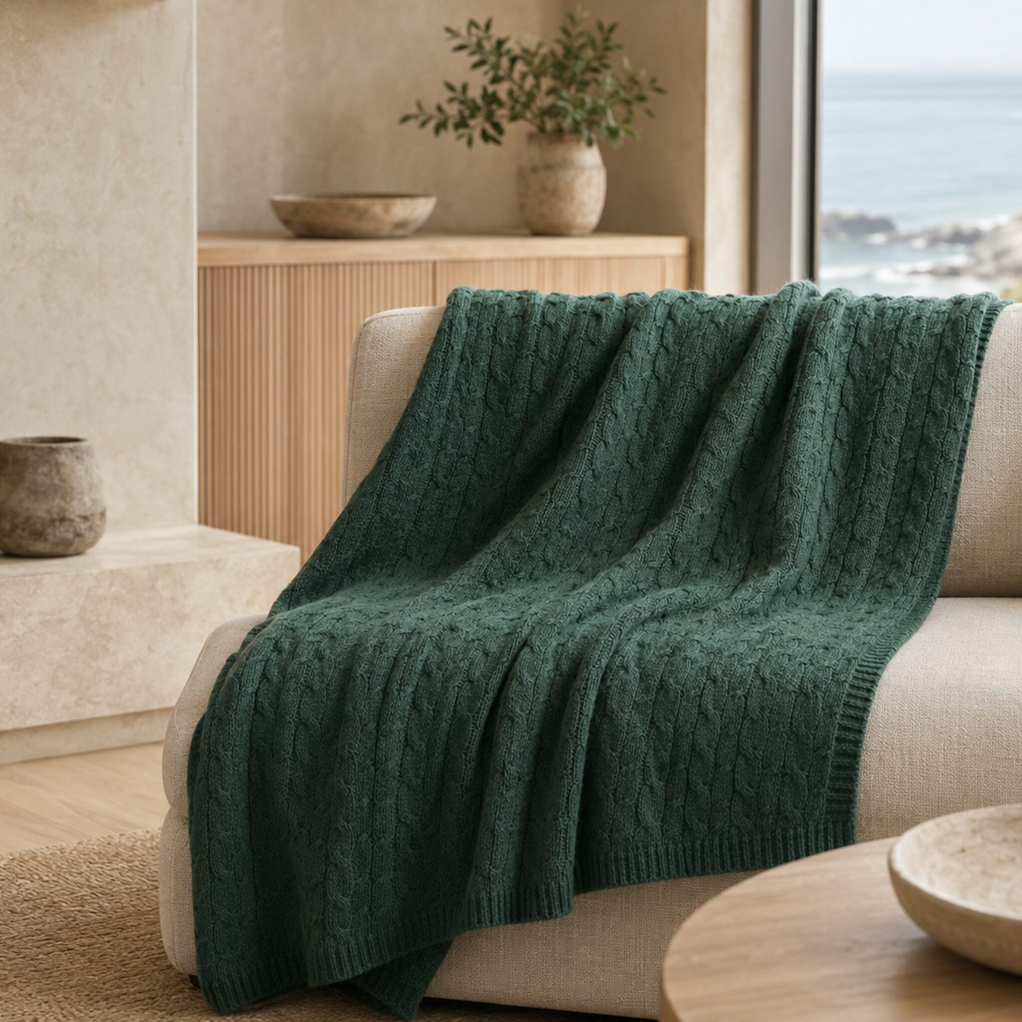 Handloomed Cable Knit Baby Alpaca & Cotton Malachite Throw Blanket - Awana Collection