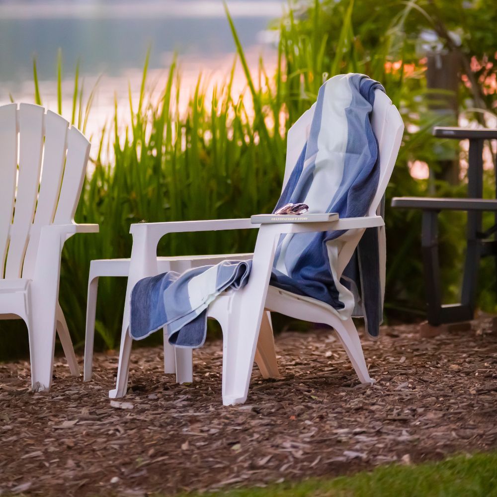 Blue artisanal woven throw on chair