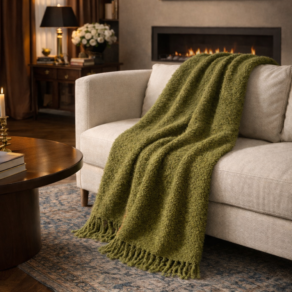 Bouclé Collection - Handloomed Alpaca Bouclé Olive Green Throw Blanket From Peru