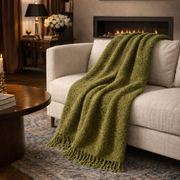 Handloomed Alpaca Bouclé Olive Green Throw Blanket From Peru
