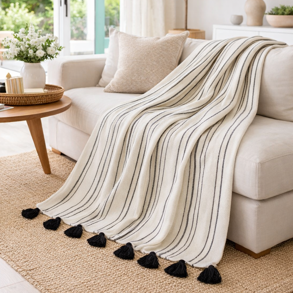 Miska Collection - Handloomed 100% Alpaca Throw Blanket From Peru - Ink & Ivory Pinstripe