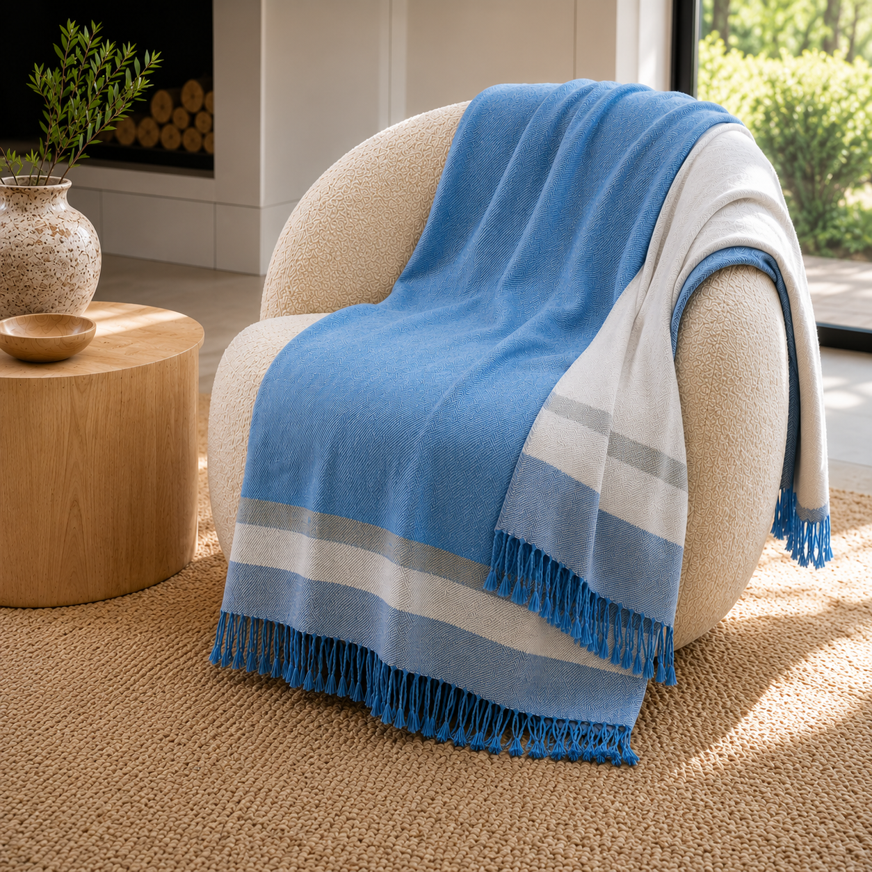 100% Baby Alpaca Reversible Handloomed Throw Blanket - Adriatic Hour - Pacha Collection