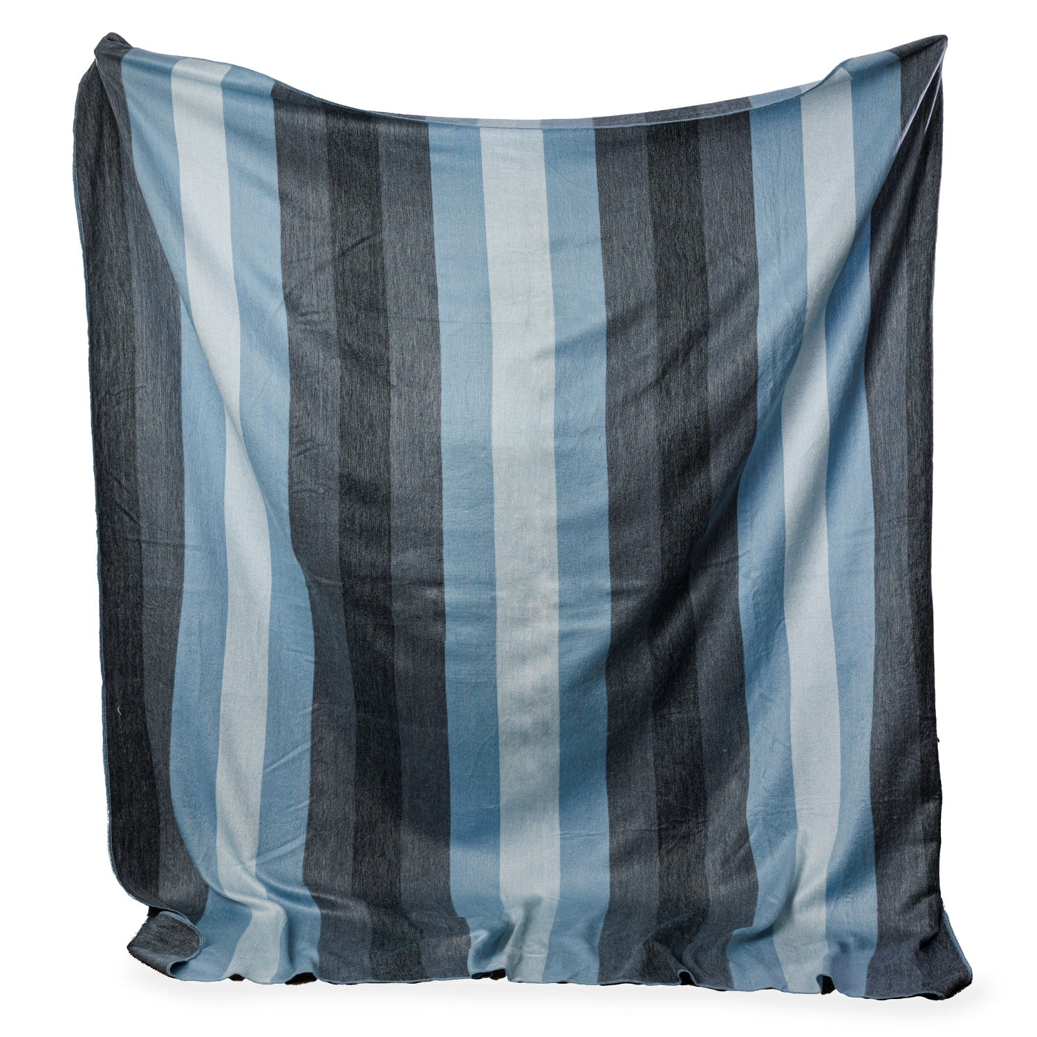 A striped throw blanket in light blue, gray, and cream colors, displayed against a plain background.