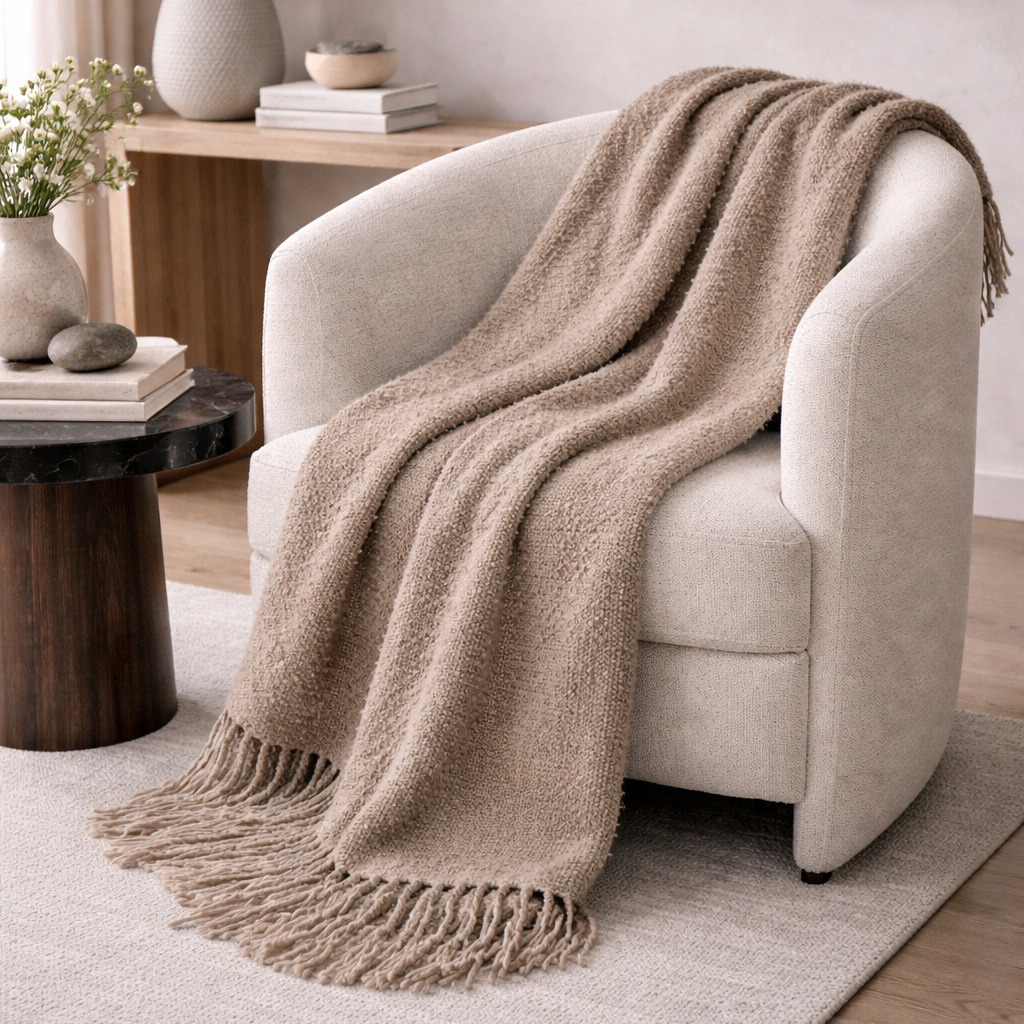 Bouclé Collection - Handloomed Alpaca Bouclé Light Tan Throw Blanket From Peru
