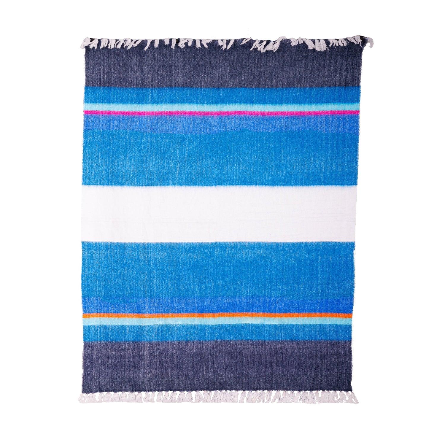 A striped throw blanket with vibrant colors including blue, pink, orange, and white, with hand knotted white fringe on the long sides.