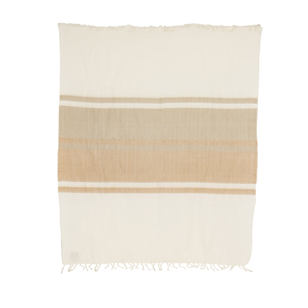 A woven throw blanket in natural cream, tobacco, and wheat colors with hand-tied natural fringe on the long ends.