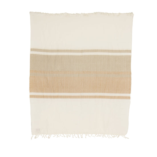 A woven throw blanket in natural cream, tobacco, and wheat colors with hand-tied natural fringe on the long ends.