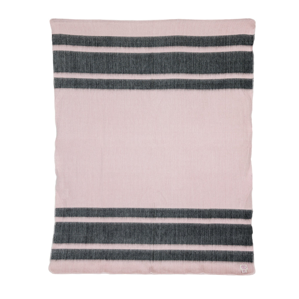 A pink throw blanket with charcoal stripes, woven and displayed flat.