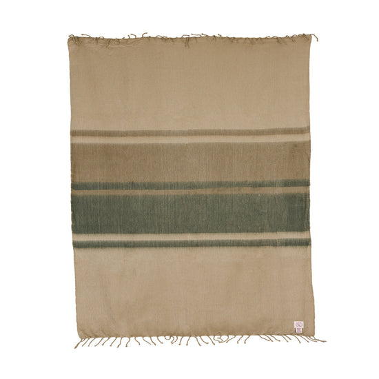 A tobacco, olive green, and khaki colored throw blanket with fringed edges displayed flat.