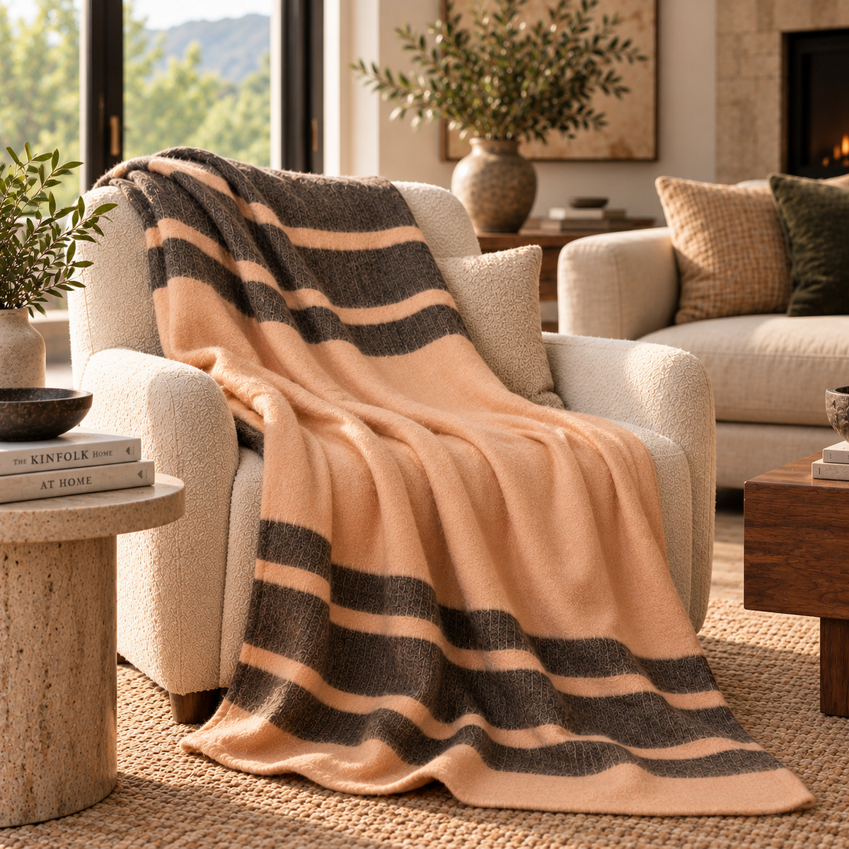 Handwoven Alpaca Throw Blanket From Ecuador - Peach Charcoal - Kallpa Collection