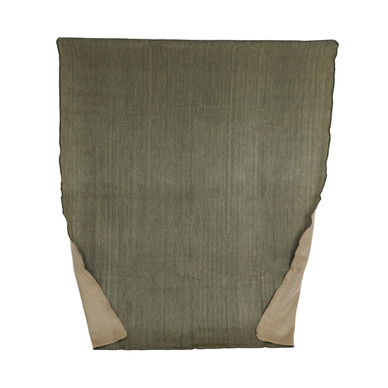 A reversible khaki and olive green throw blanket woven from alpaca yarn, displayed flat.