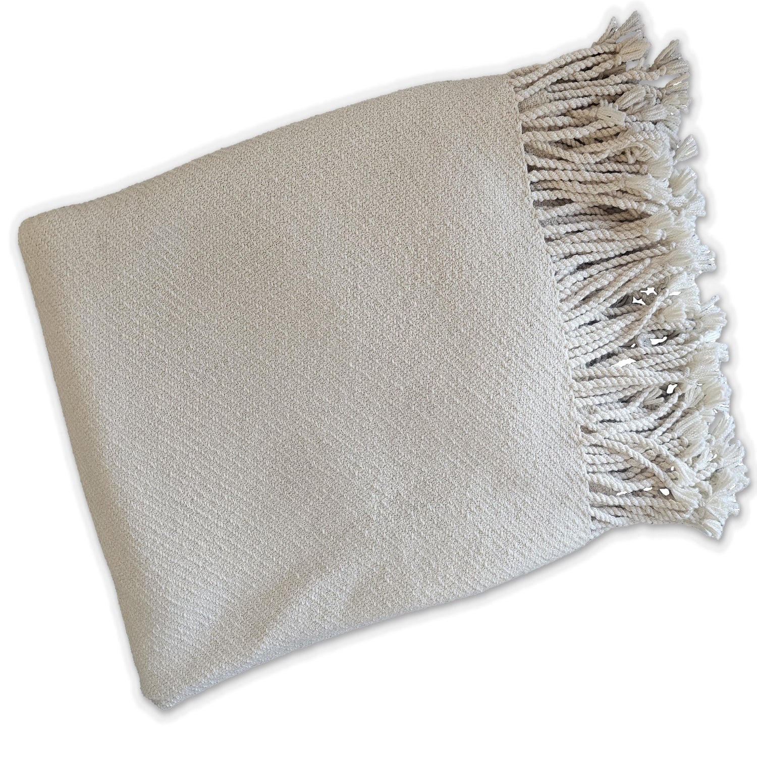 Beige throw blanket with fringed edge on a white background