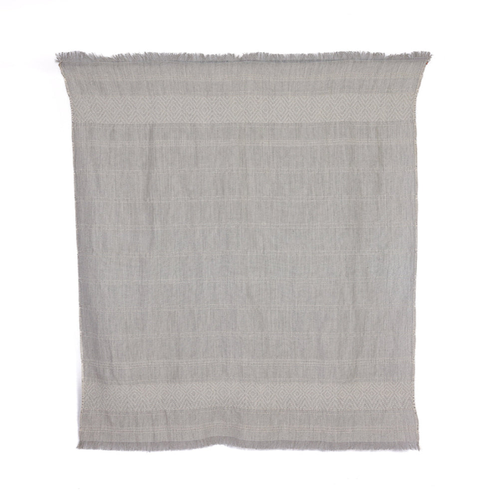 A handloomed alpaca throw in gray and ivory, with a textured pattern.