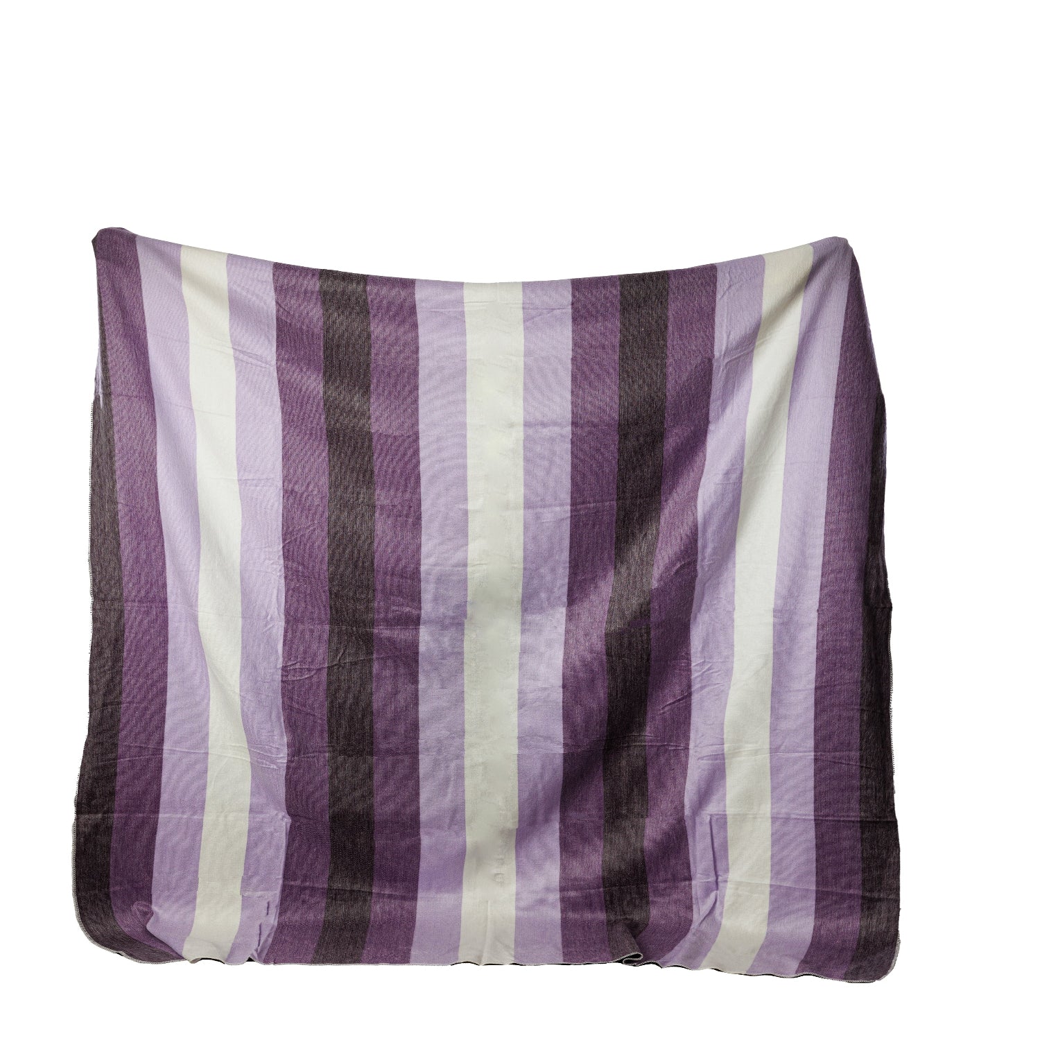 A woven throw blanket with stripes in shades of purple, lavender, and cream.