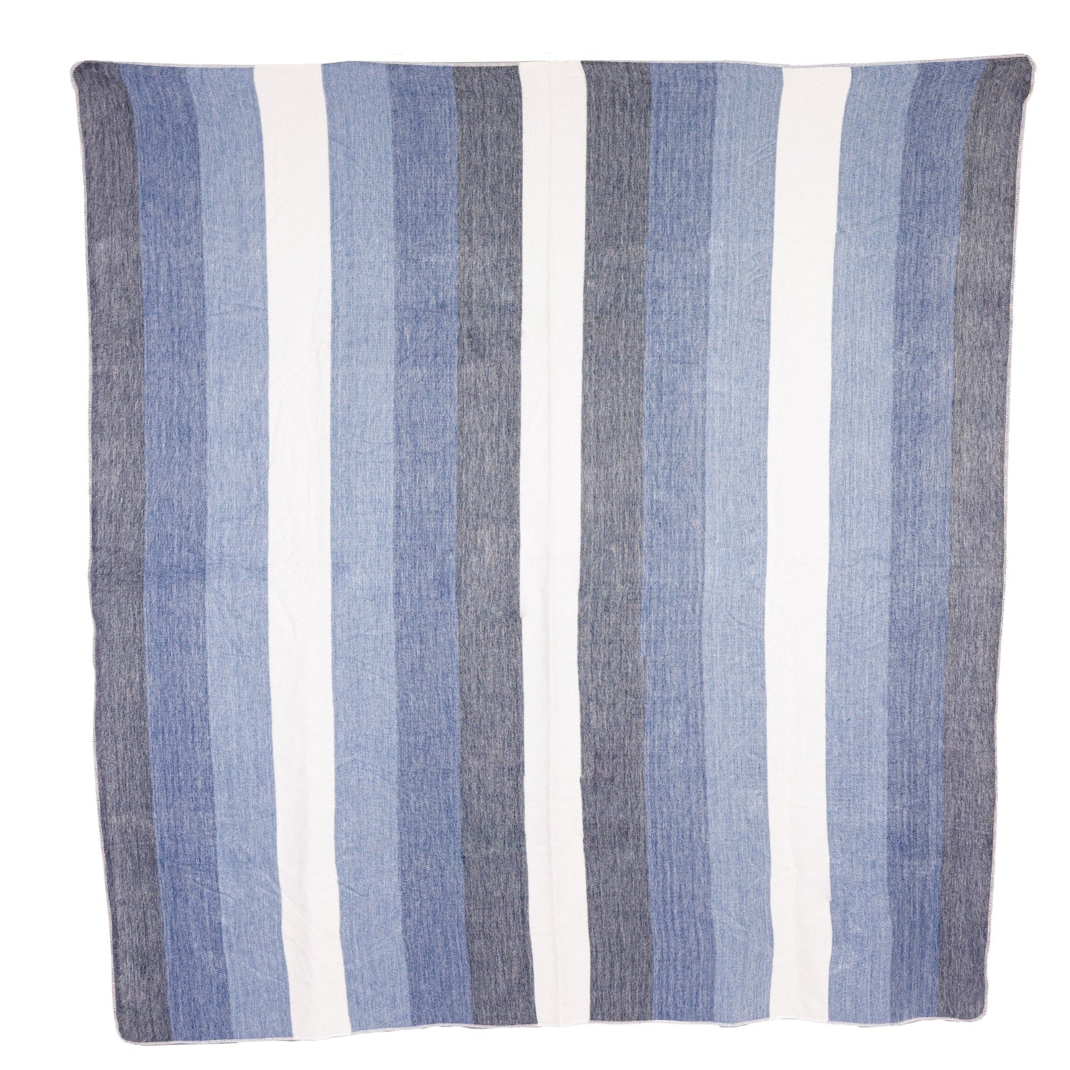A striped throw blanket with shades of blue, black, and cream.