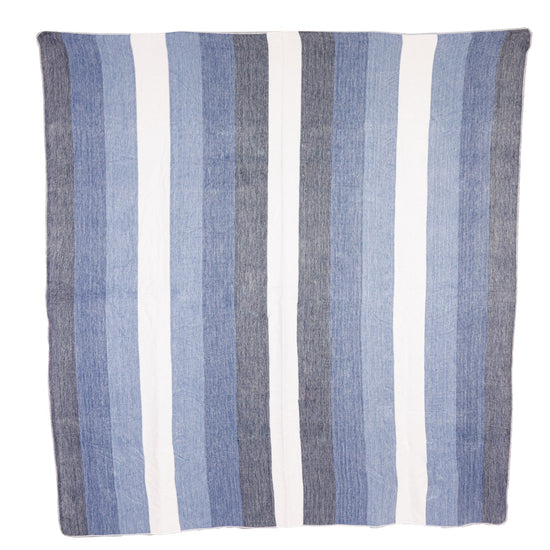 A striped throw blanket with shades of blue, black, and cream.
