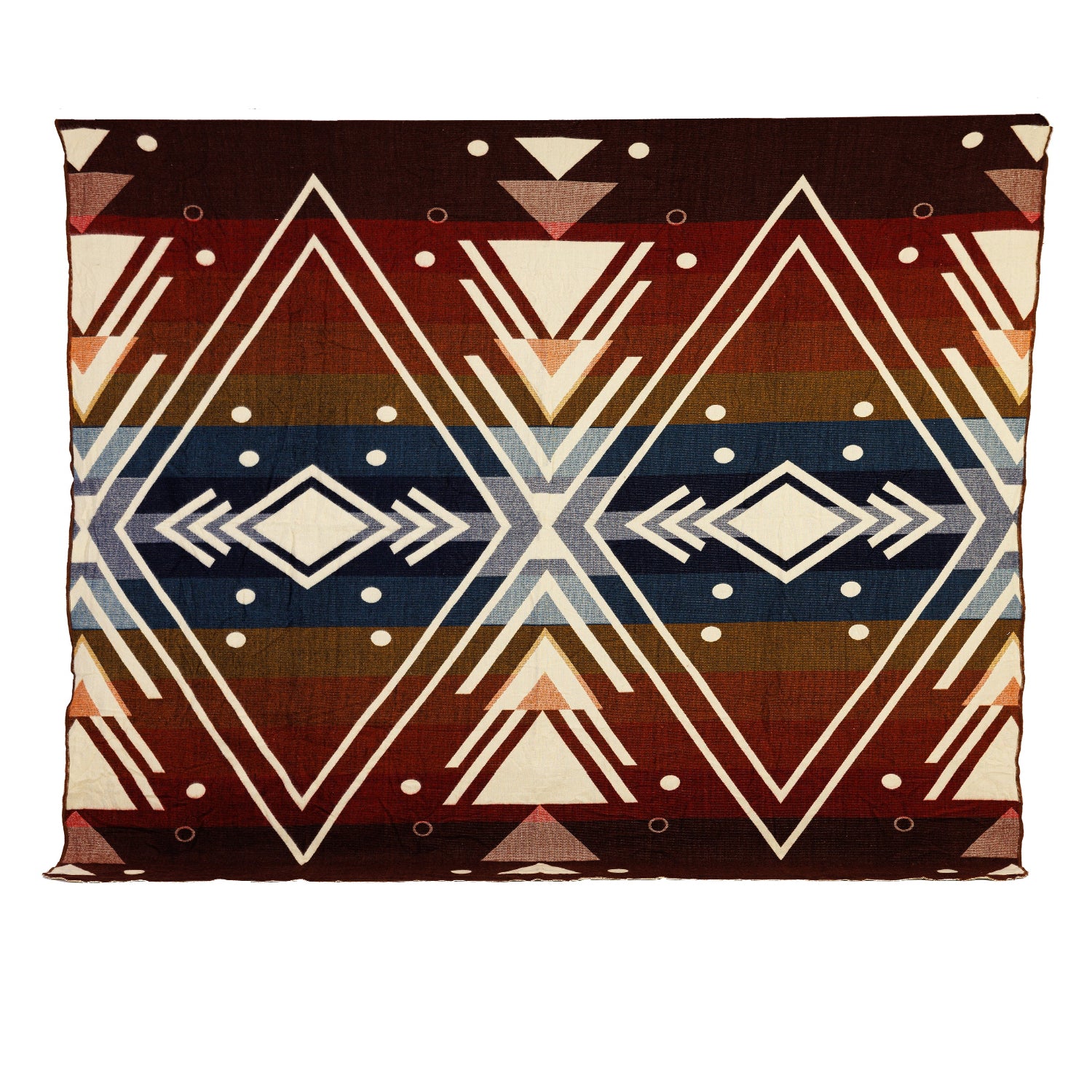 A woven alpaca blanket with a geometric chevron pattern in red, blue, peach, and brown, displaying both sides of the blanket with a reversible design.