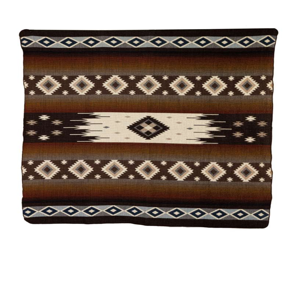 A reversible throw blanket with geometric diamond patterns in red, brown, blue, and cream colors.