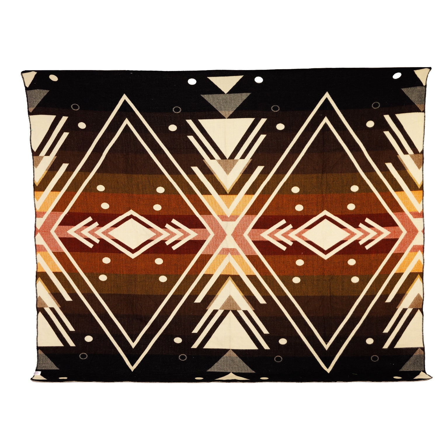 A woven alpaca blanket with a geometric chevron pattern in shades of peach, red, gray, and black.