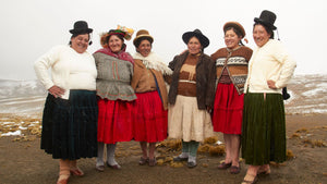 Six people in colorful traditional Andean clothing, snowy mountain landscape behind.