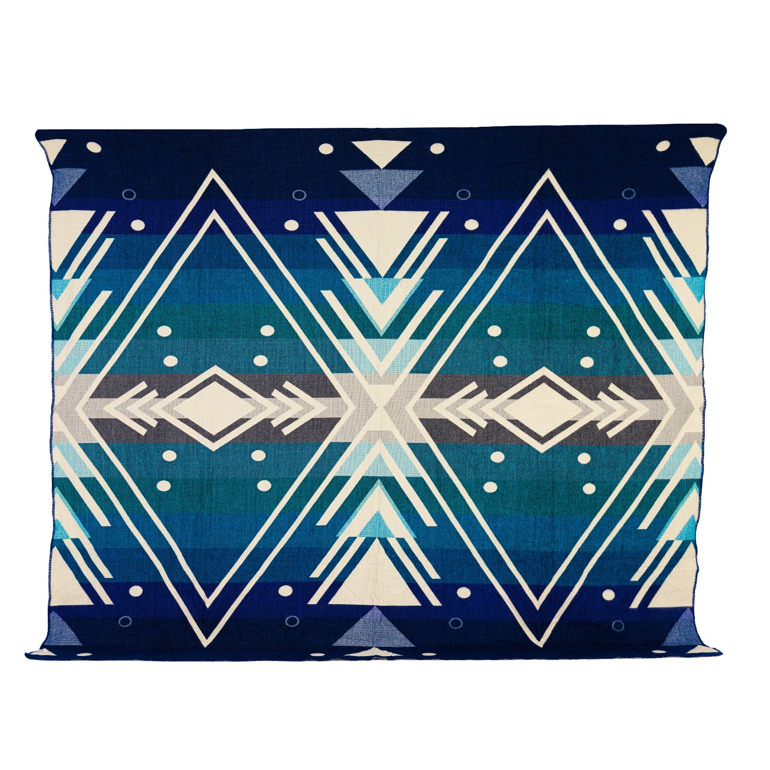 A woven alpaca blanket with a geometric chevron pattern in vibrant blues, grays, and creams, displayed flat.