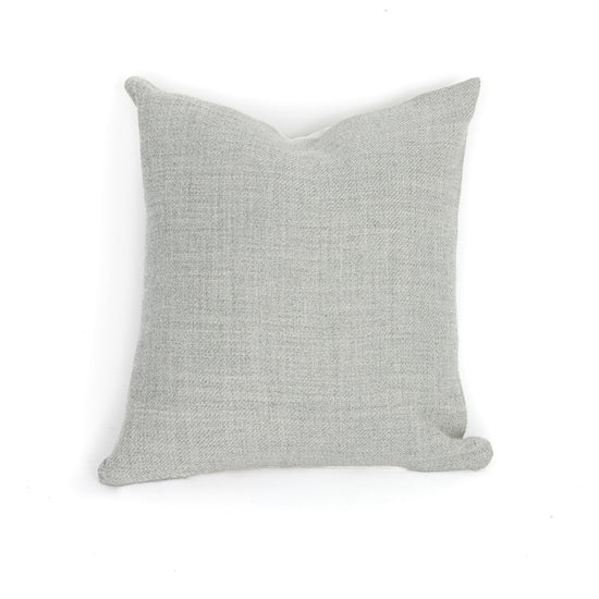 A square-shaped pillow with a 100% cotton backing, featuring a hidden zipper and a down pillow insert, in an undyed graphite color.