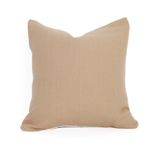 A light tan baby alpaca pillow with a hidden zipper, undyed, with a 100% cotton backing and a down pillow insert.