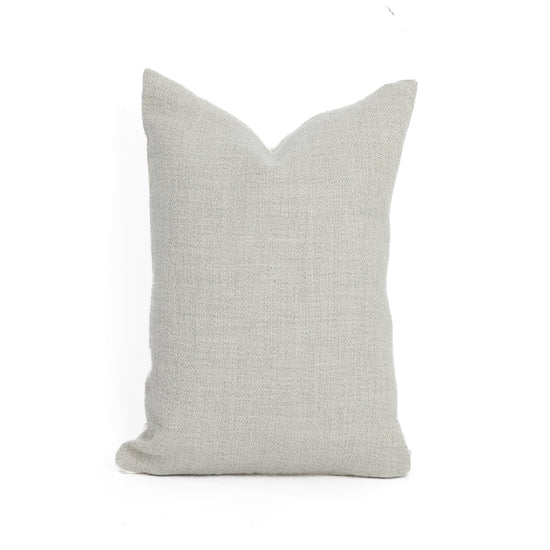A silver-colored pillow with a hidden zipper, featuring a textured fabric and a cushioning down insert.