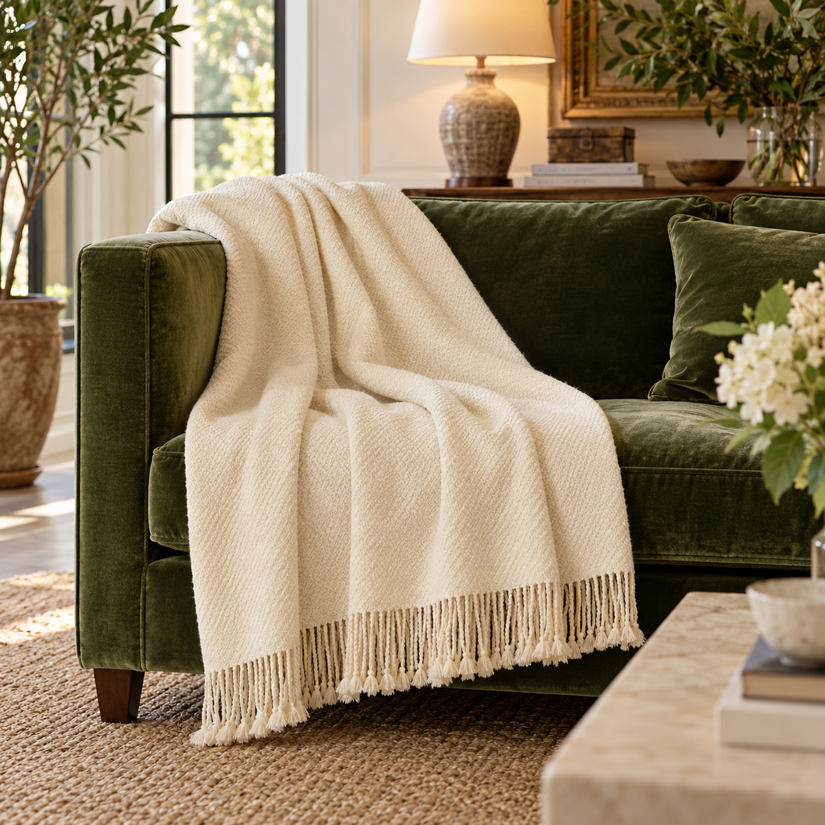 Ivory handloomed undyed baby alpaca & Peruvian Pima cotton throw blanket, Kulsi Collection, made in Peru