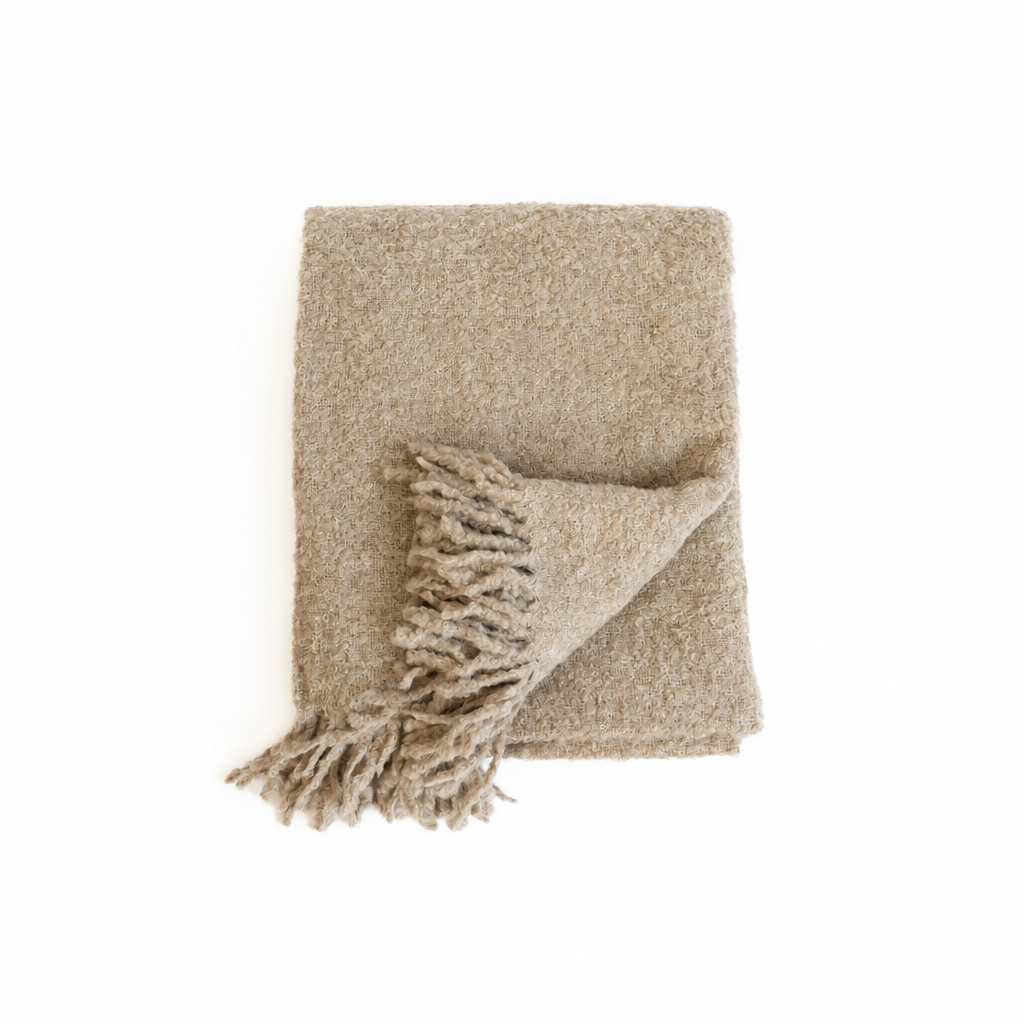 Brown Mist handloomed alpaca bouclé throw blanket, made in Peru