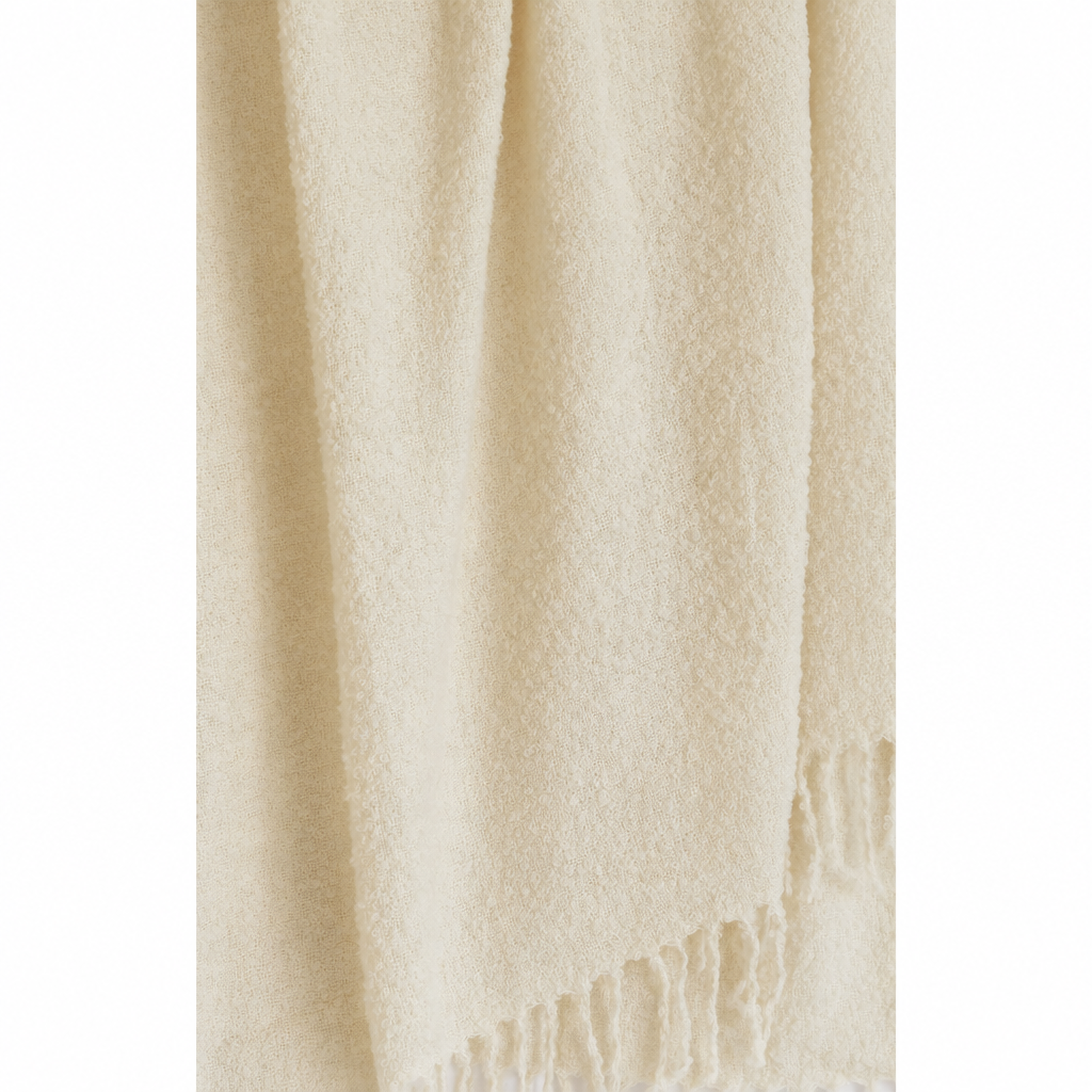 Ivory handloomed alpaca bouclé throw blanket, made in Peru