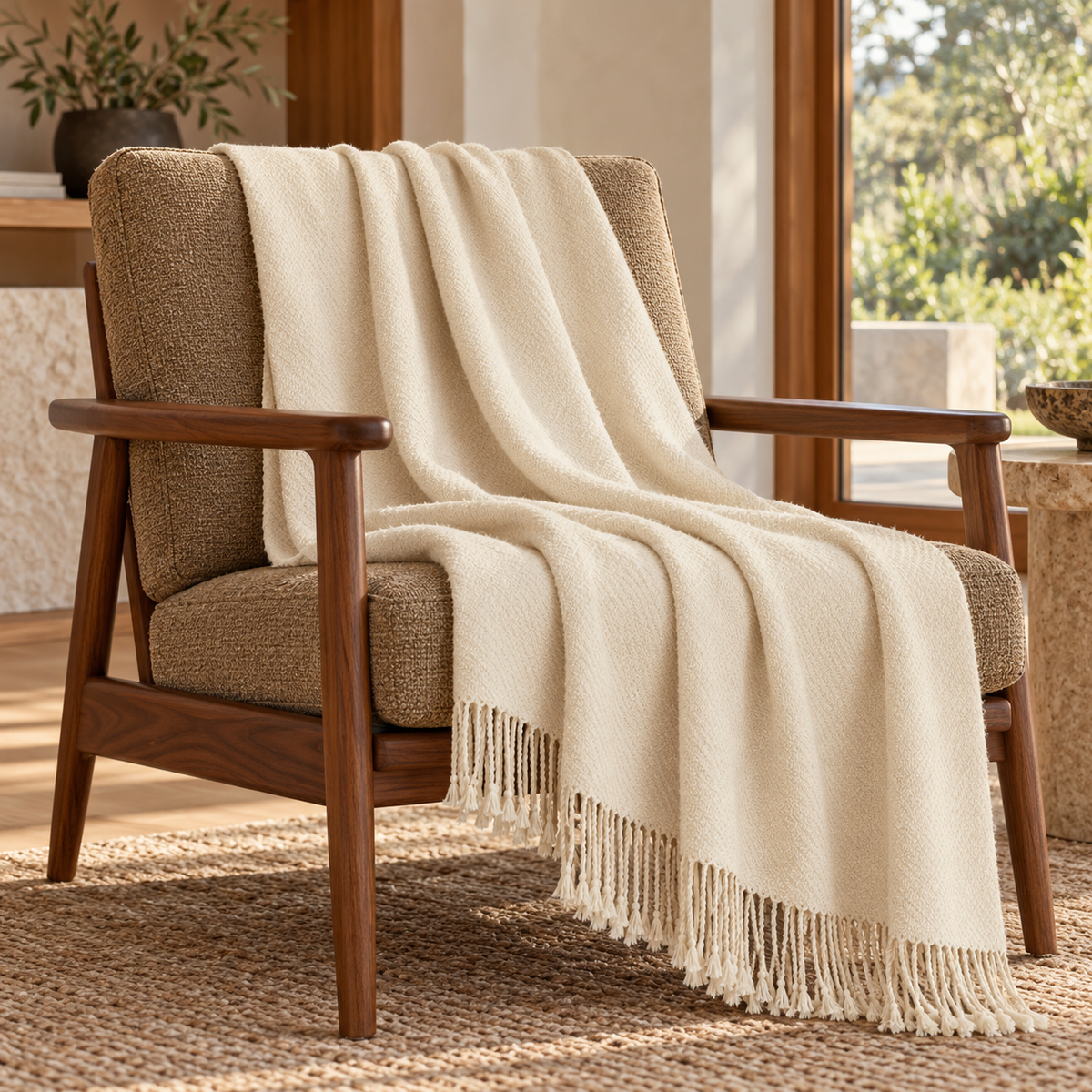 Ivory handloomed undyed baby alpaca & Peruvian Pima cotton throw blanket, Kulsi Collection, made in Peru