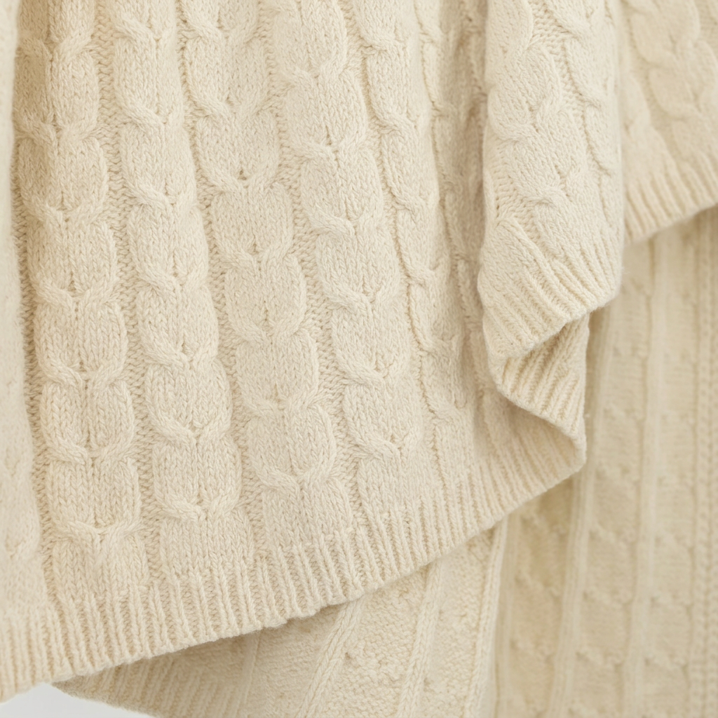 Ivory hand-finished undyed baby alpaca & Peruvian Pima cotton cable knit throw blanket, Muru Collection, made in Peru