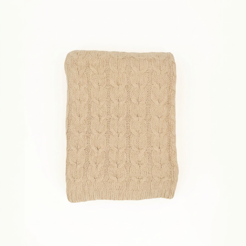 Light Tan hand-finished undyed baby alpaca & Peruvian Pima cotton cable knit throw blanket, Muru Collection, made in Peru