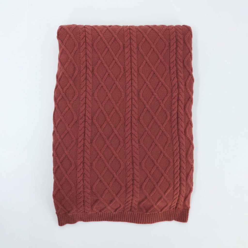 Burnt Sienna baby alpaca & Pima cotton cable throw blanket, made in Peru