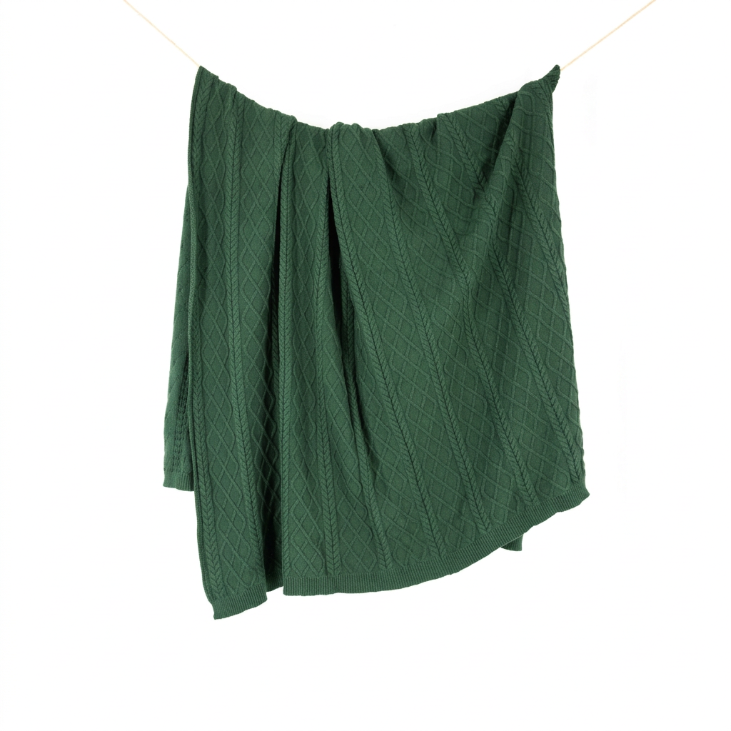 Malachite baby alpaca & Pima cotton cable throw blanket, made in Peru