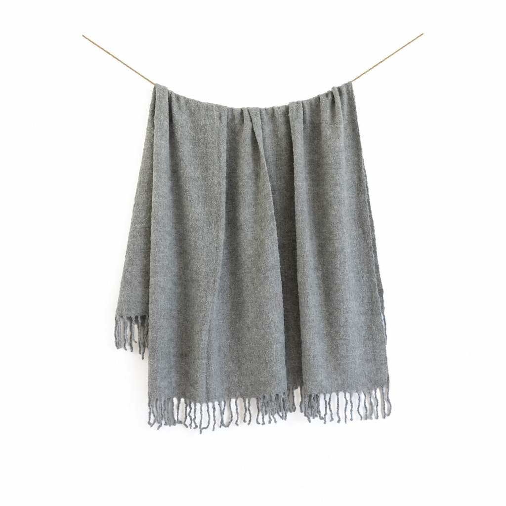 Graphite handloomed alpaca bouclé throw blanket, made in Peru