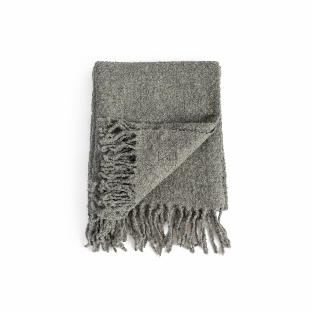 Graphite handloomed alpaca bouclé throw blanket, made in Peru